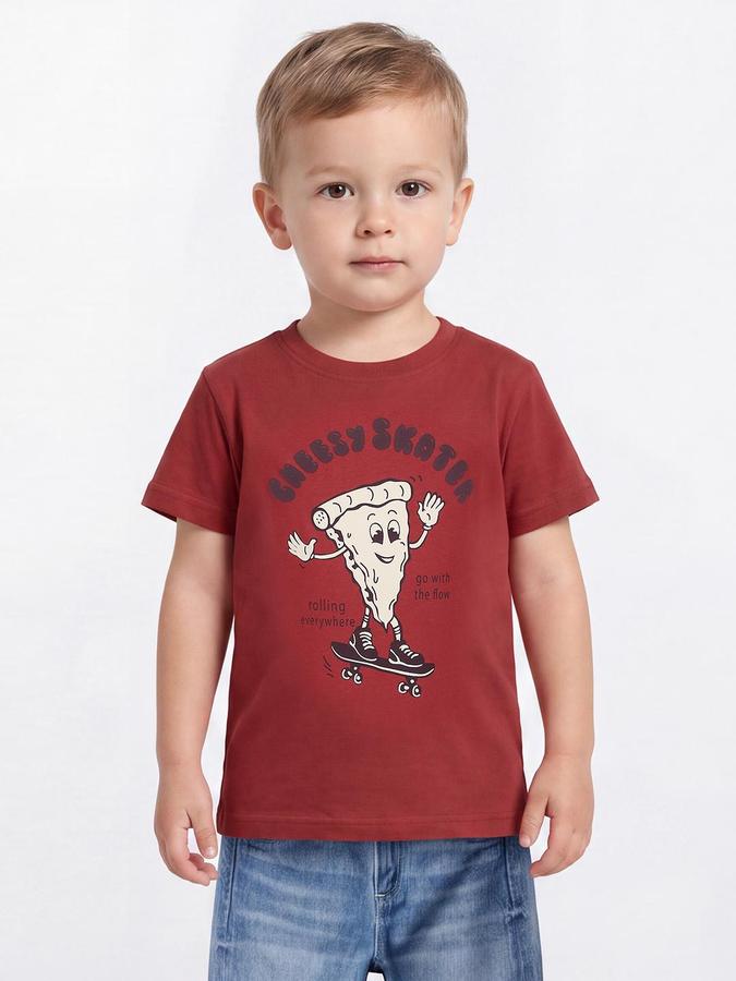 R&B Boys Red Short Sleeve Round Neck Pizza Skateboarding Print T-Shirt