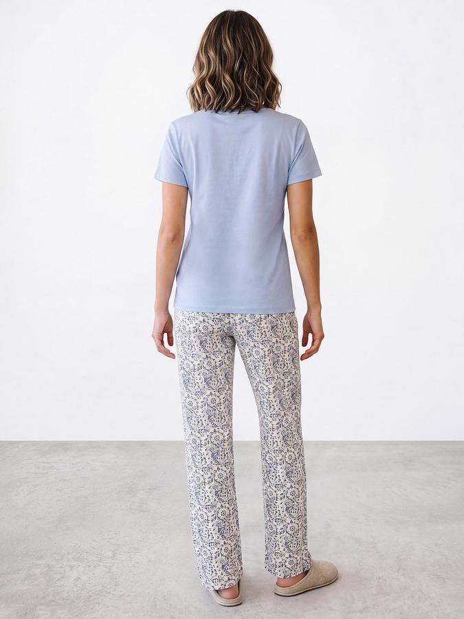 R&B Women Powder Blue Graphic Print Short Sleeves Pure Cotton T-shirt & Pyjama Set