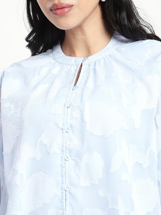 Women Polyester Regular Fit Ruffled Neck Embroidered Top