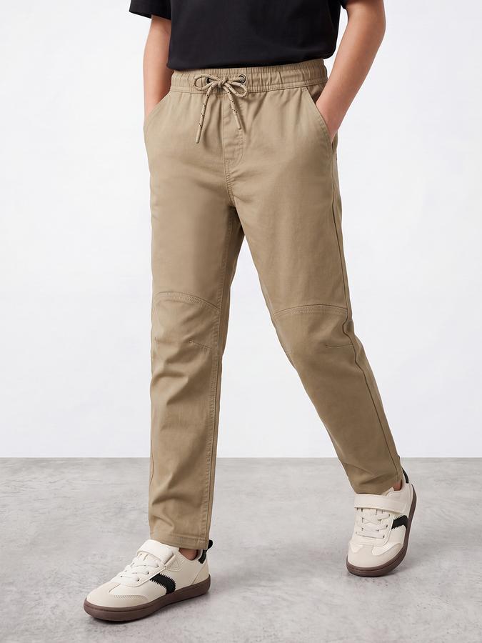 R&B Boys Beige Solid Regular Fit Mid Rise Trousers