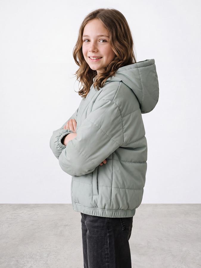 R&B Girls Mint Green Silf Design Hooded & Quilted Long Sleeves Puffer Jacket