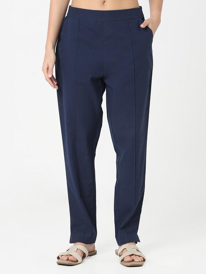 Women Cotton Tapered Elasticated Waist Solid Trousers