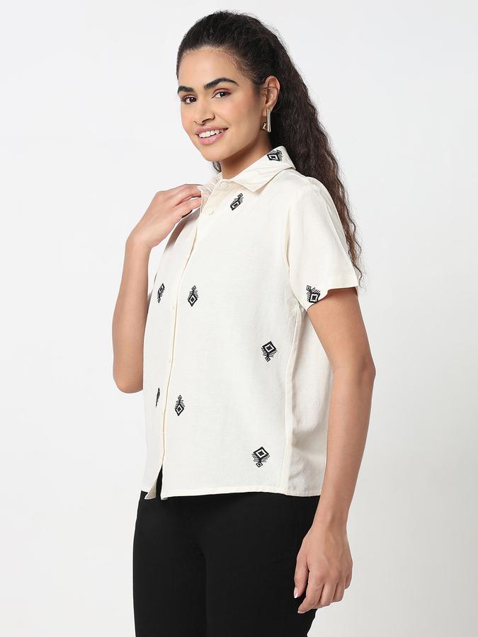 Women Viscose Blend Relaxed Fit Shirt Collar Embroidered Top