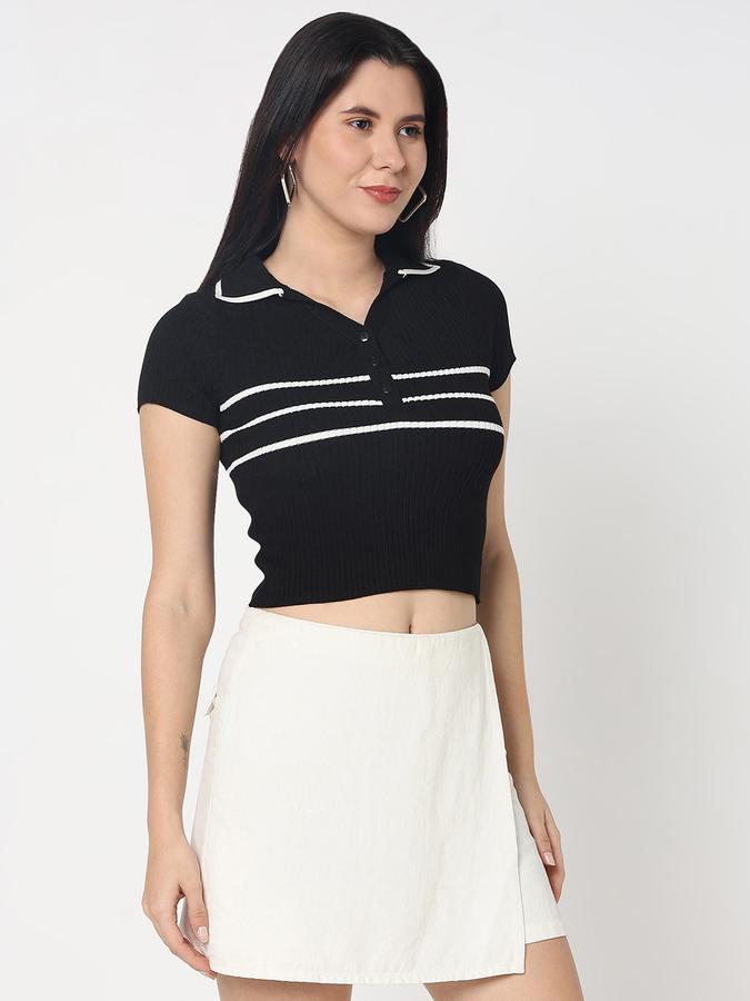 Women Viscose Slim Fit Polo Neck Striped Top
