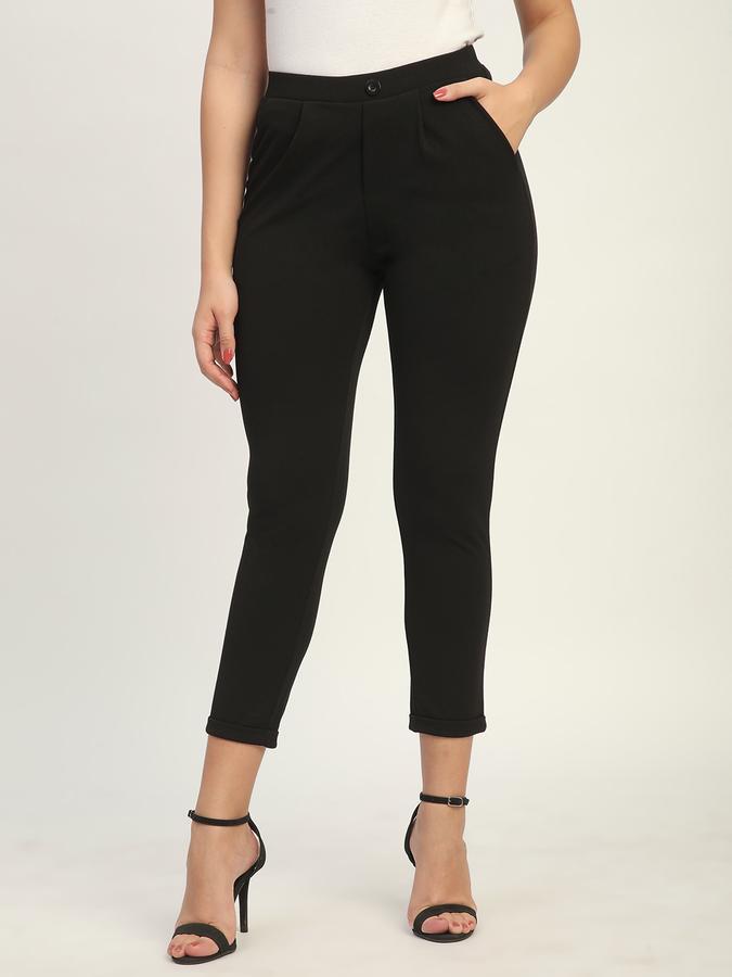 R&B Women Black Solid Slim-Fit Trousers