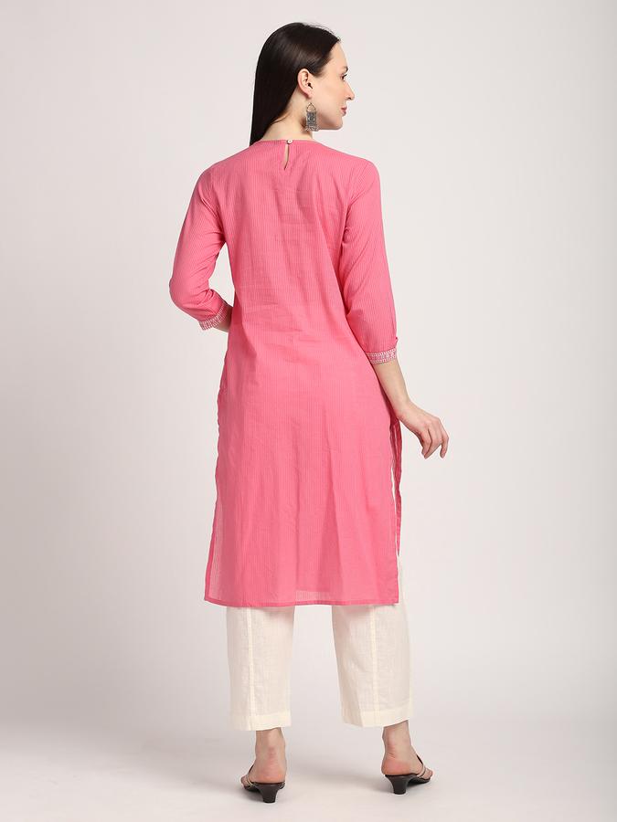 Women Cotton Regular Fit Round Neck Embroidered Kurta