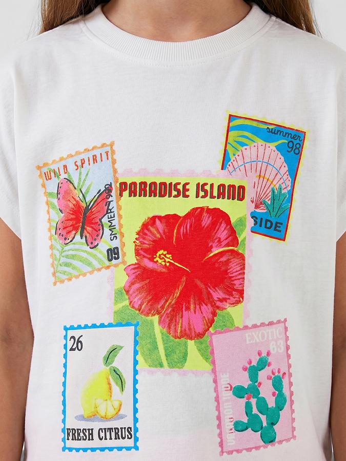 R&B White Graphic Print Girls Round Neck Regular Fit Short Sleeves T-Shirt 