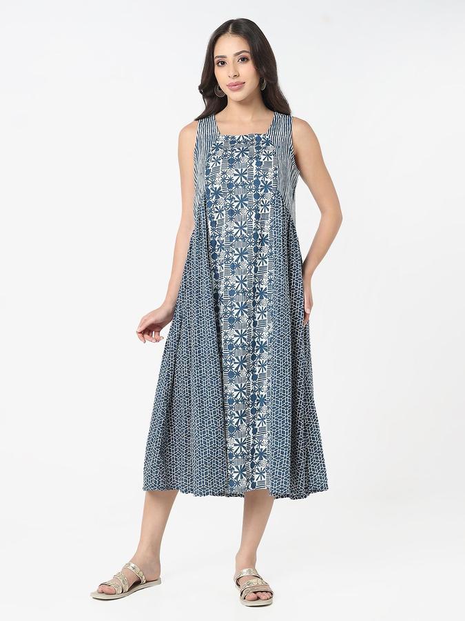 R&B Women Blue Paneled Sleeveless Square Neck Midi A-Line Dress