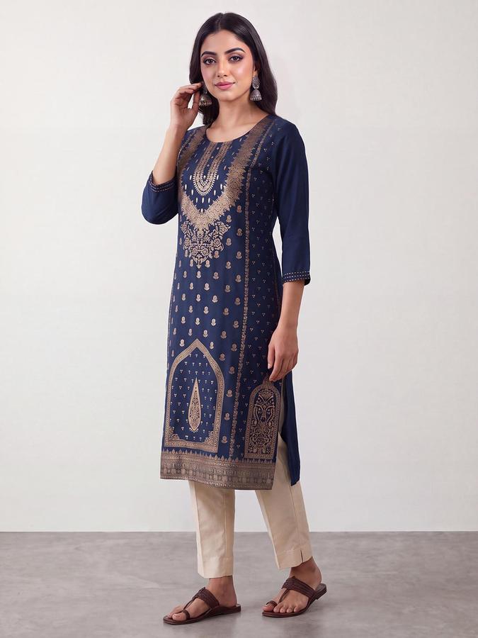 R&B Women Teal Blue Ethnic Motif Round Neck 3/4 Sleeve Straight Kurta