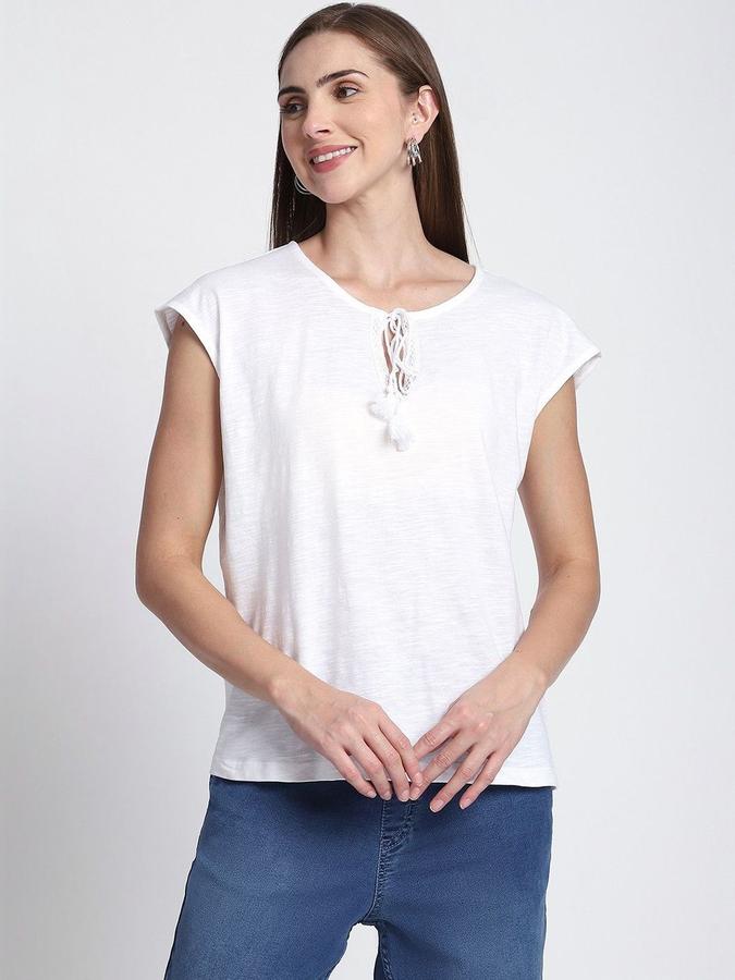 R&B Womens Ivory Solid Round Neck Short Sleeves Top