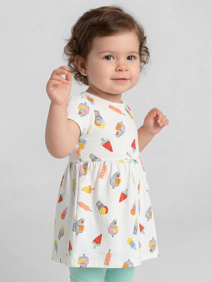 R&B White conversational Print Round Neck Short Sleeves Fit and Flare Mini Girls Dress