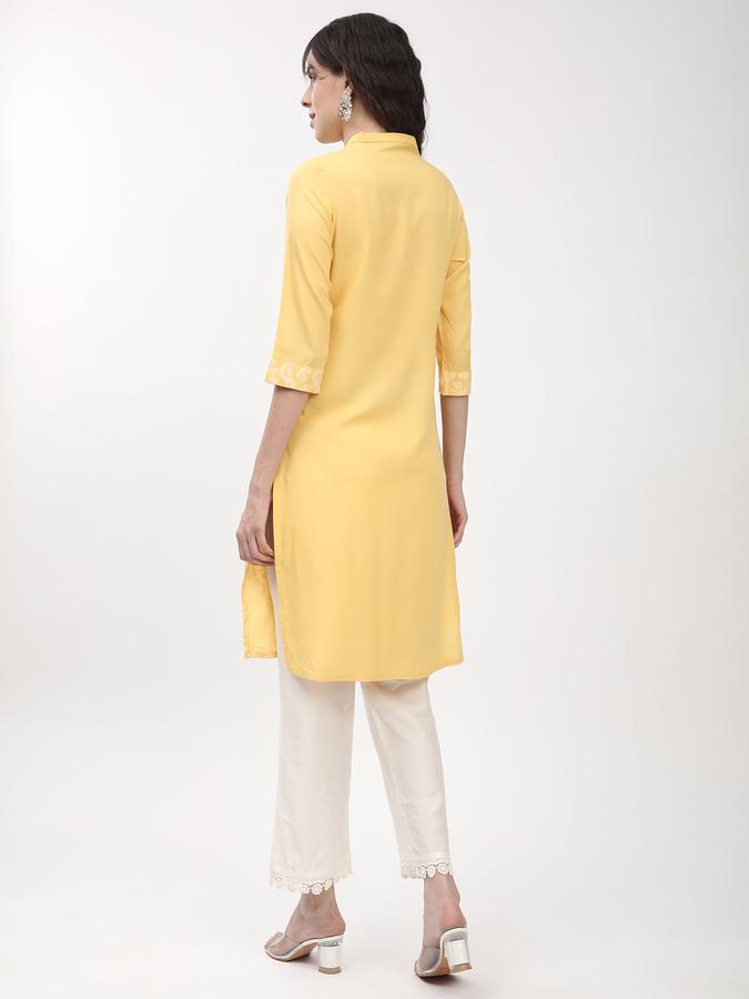 Women's regular fit casual yellow chikankari printed front button down straight kurta image number 2