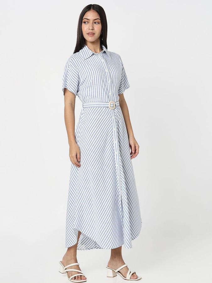 R&B Women Blue Striped Half Sleeves Shirt Collar Maxi Shirt Dress