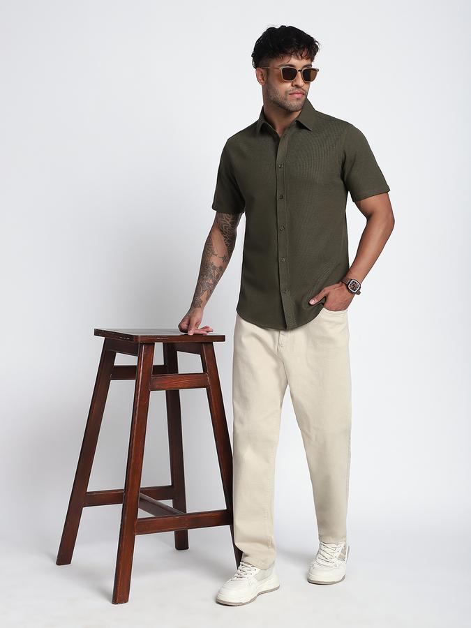 Men Cotton Blend Slim Fit Point Collar Textured Shirt