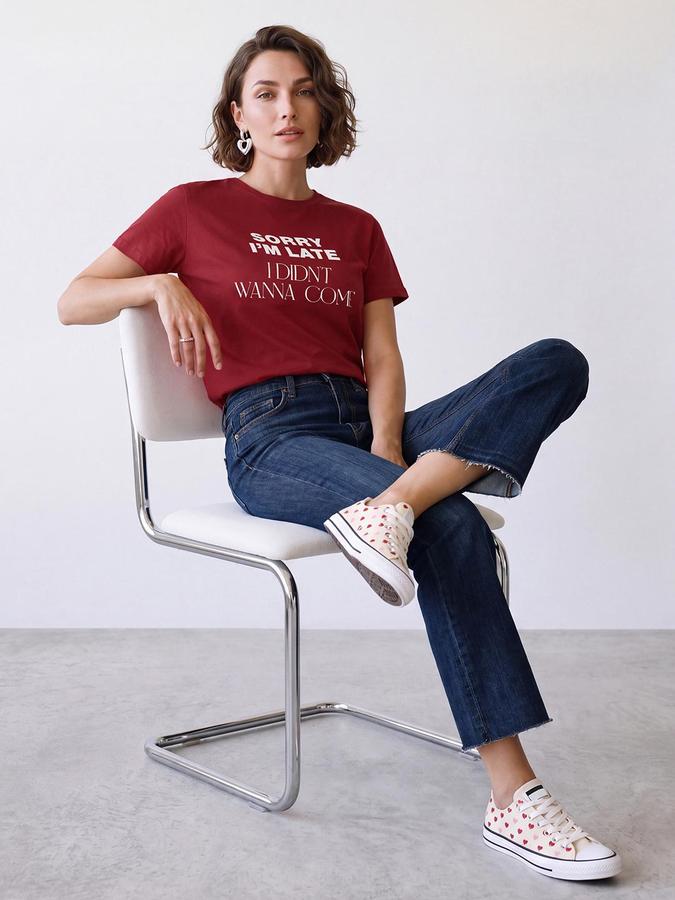 R&B Women Red Short Sleeve Round Neck Typography Graphic Print T-Shirt