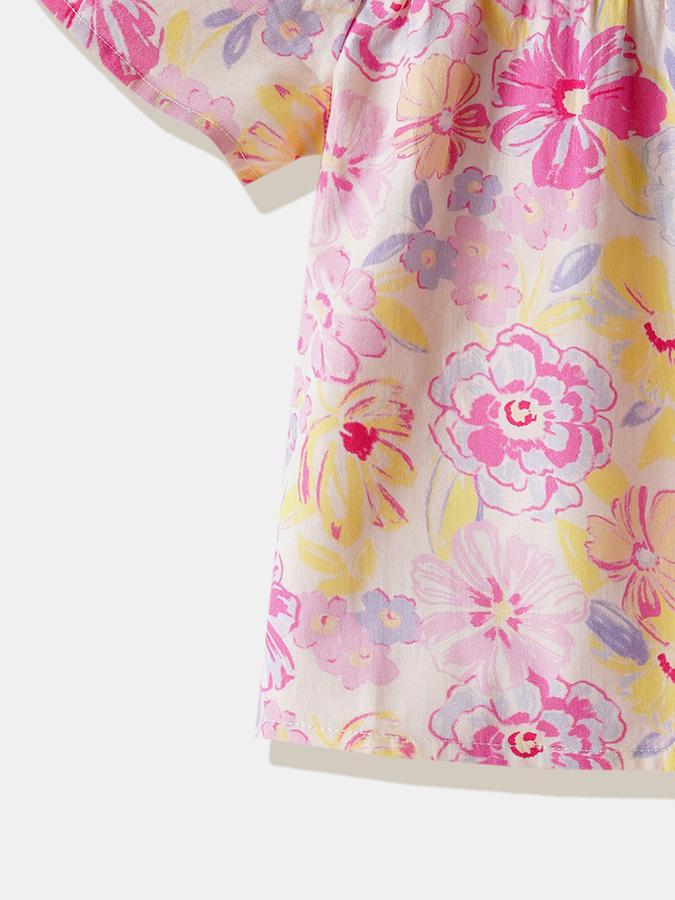 Girls Cotton Regular Fit Scoop Neck Short Sleeve Floral Top