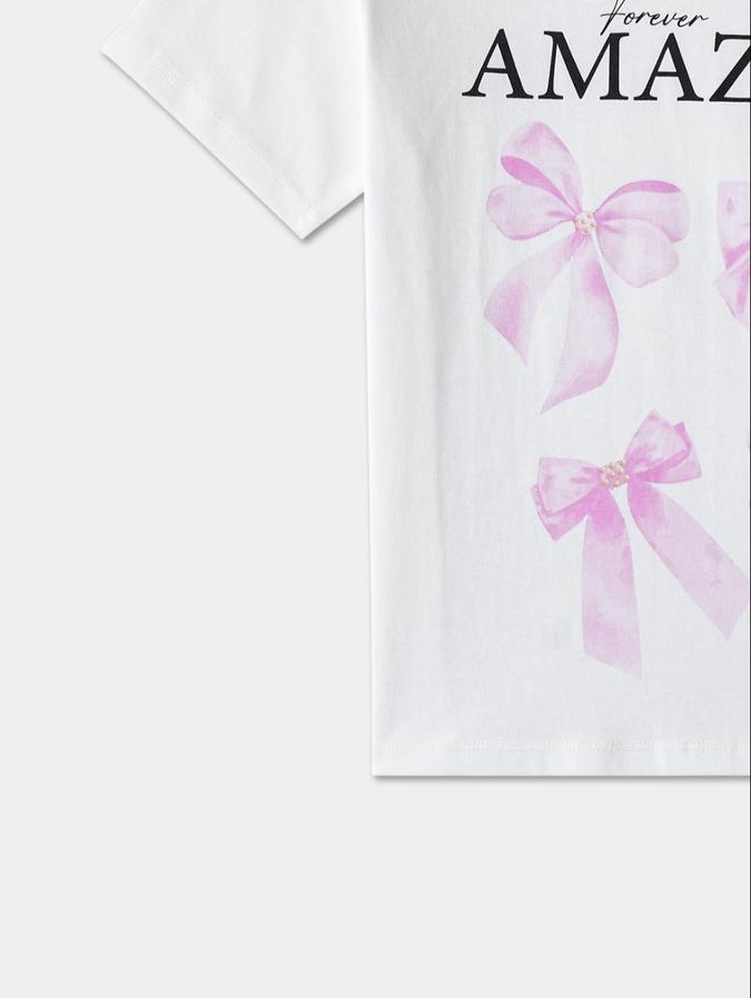 R&B White Cotton Round Neck Printed Girl T-Shirt