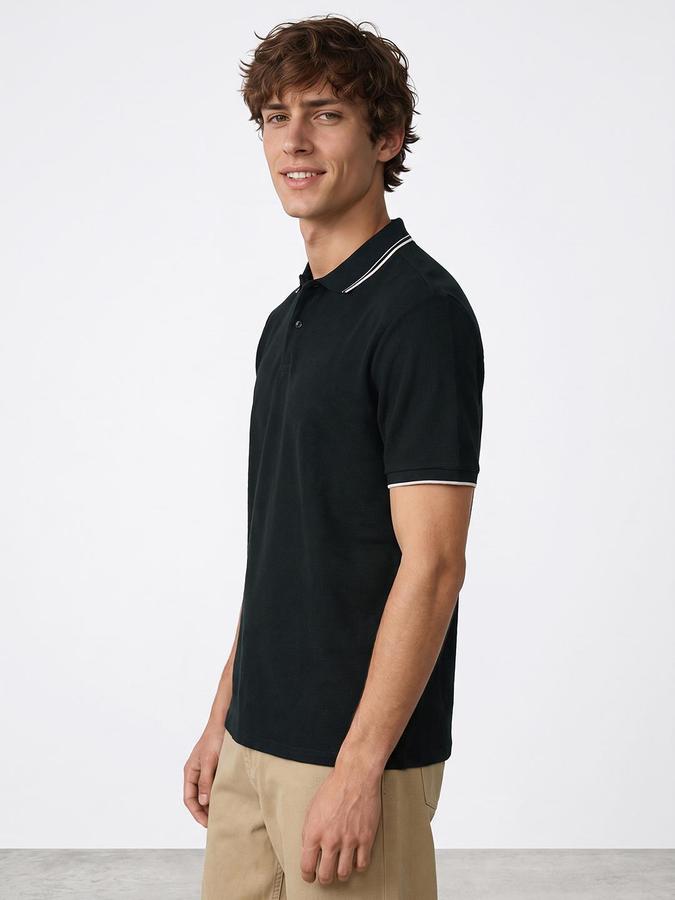 R&B Men Dark Green Textured Short Sleeves Polo Collar T-Shirt