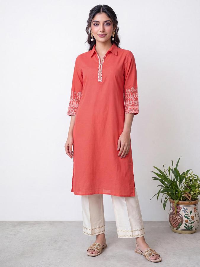 R&B Women Coral Floral Embriodery Shirt Collar Three-Quarter Sleeves Straight Kurta