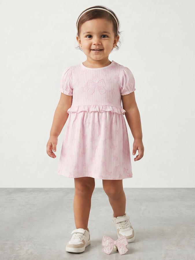 R&B Girl Pink Bow Print Pure Cotton Puff Sleeves Fit and Flare Dress