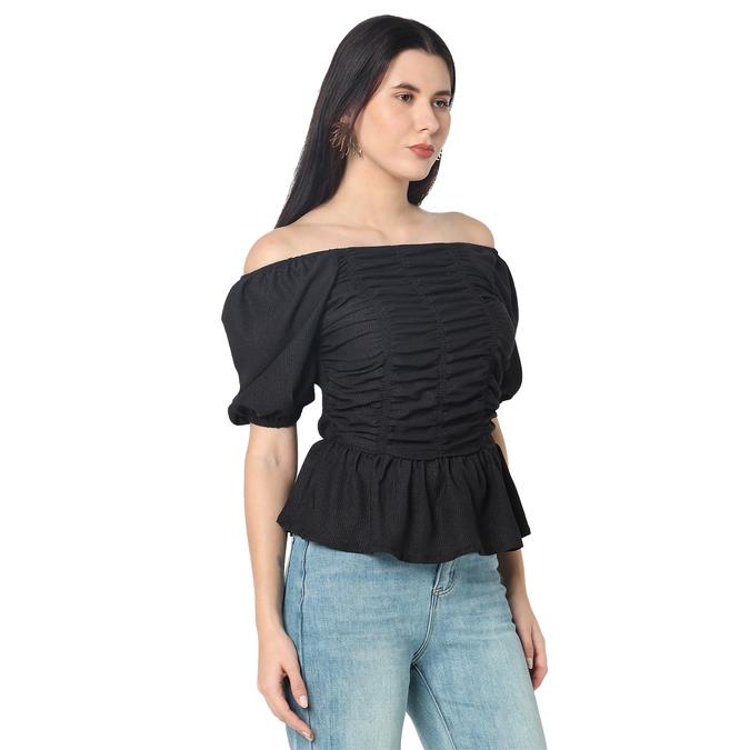 R&B Women Black Solid Ruched Off-Shoulder Peplum Top