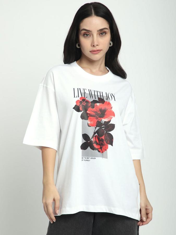 R&B Womens White Floral Print Round Neck Short Sleeves T-shirt