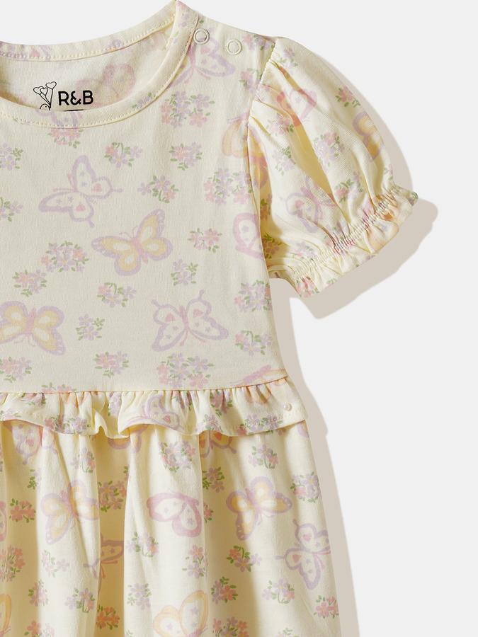 Girls Cotton Regular Fit Round Neck Ruffled Dress