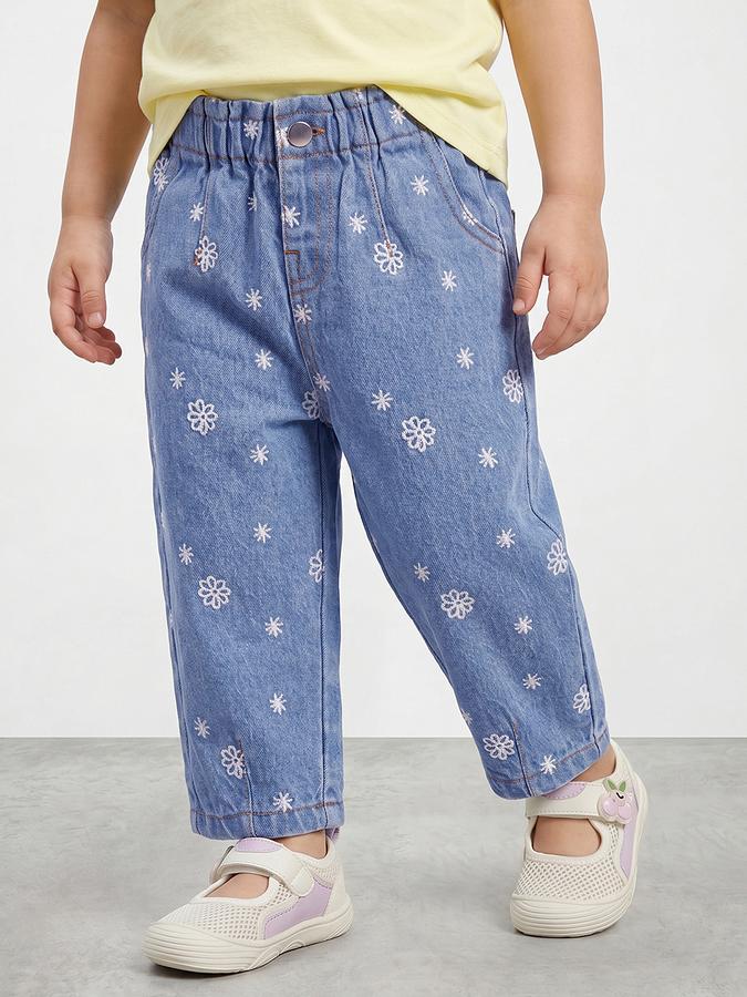 R&B Girls Blue Regular Fit Embroidered Mid-Rise Cotton Jeans