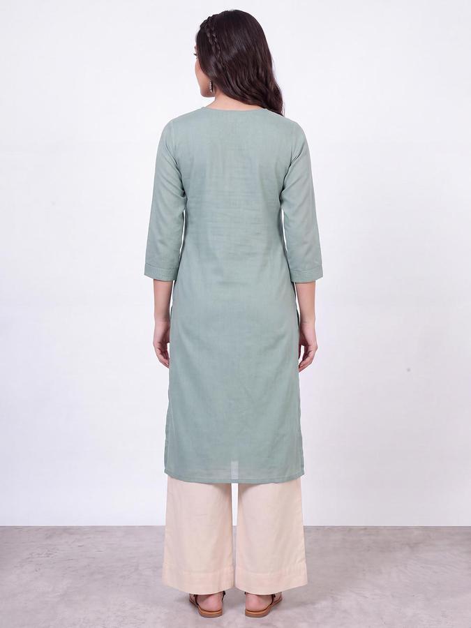 R&B Women Mint Green Round Neck 3/4 Sleeves Pintuck Straight Kurta