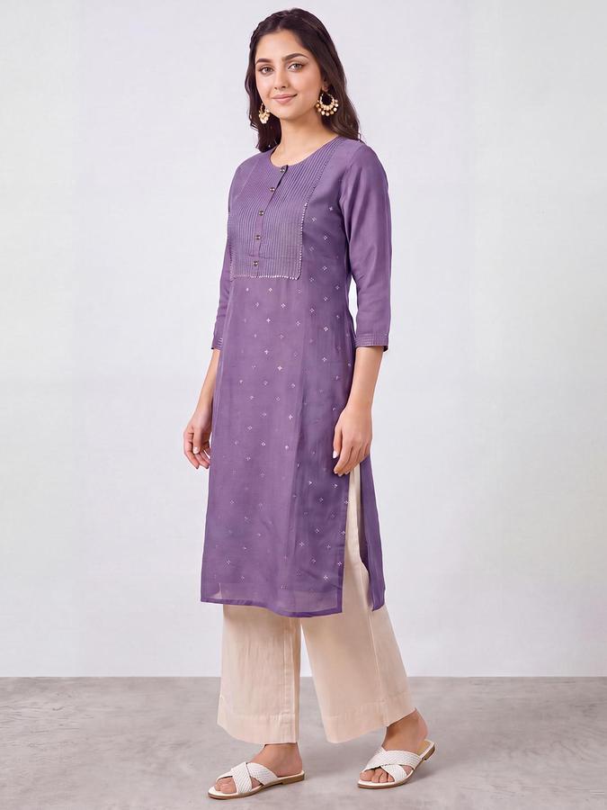 R&B Women Dusty Purple Round Neck 3/4 Sleeves Pintuck Straight Kurta