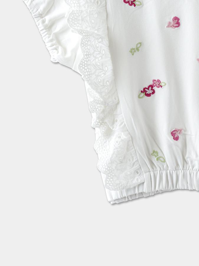 Girls Floral Embroidered Ruffled Sleeve Crew Neck Top