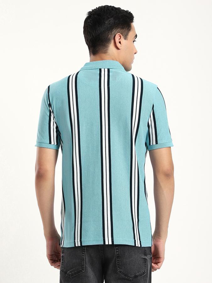 Men Cotton Blend Regular Fit Polo Neck Striped T-shirt