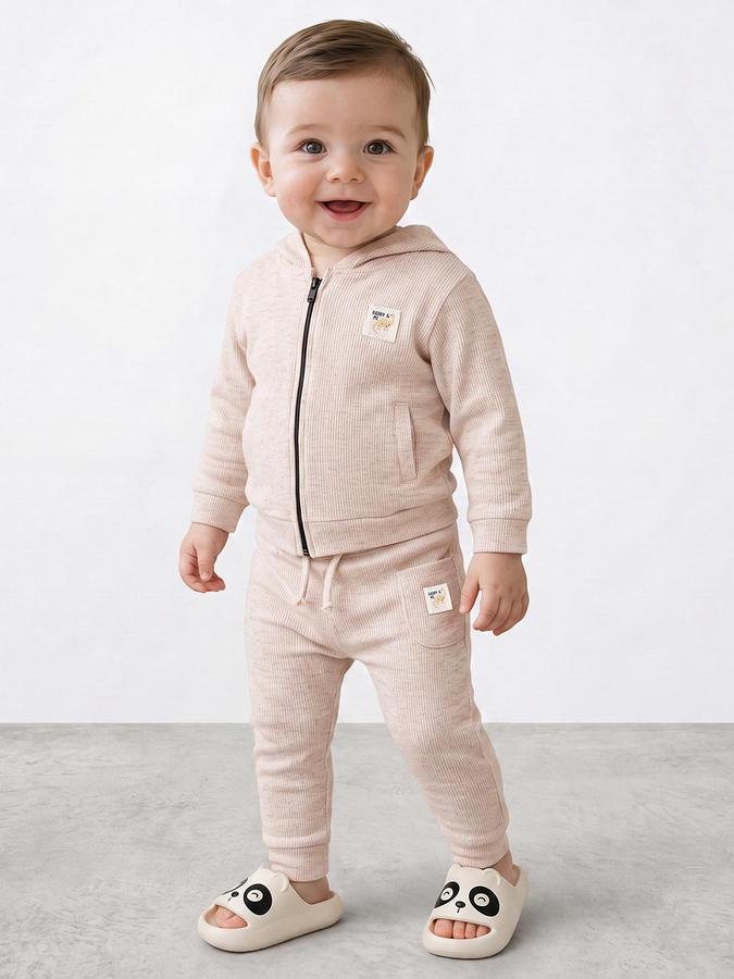 R&B Boys Long Sleeve Hooded Car Patch Beige Hoodie and Jogger Set