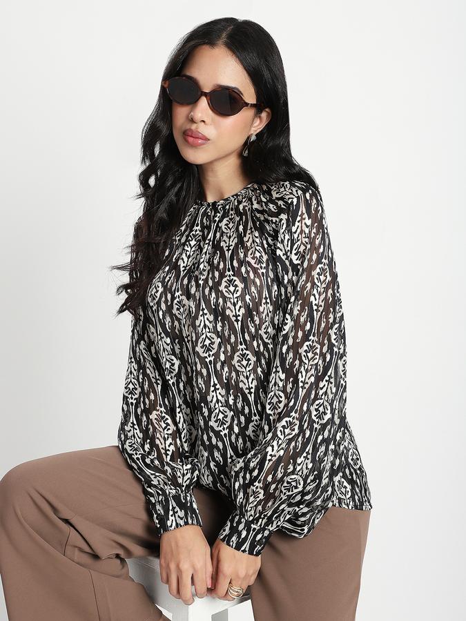 Women Polyester Relaxed Fit Ruffled Neck Floral Top