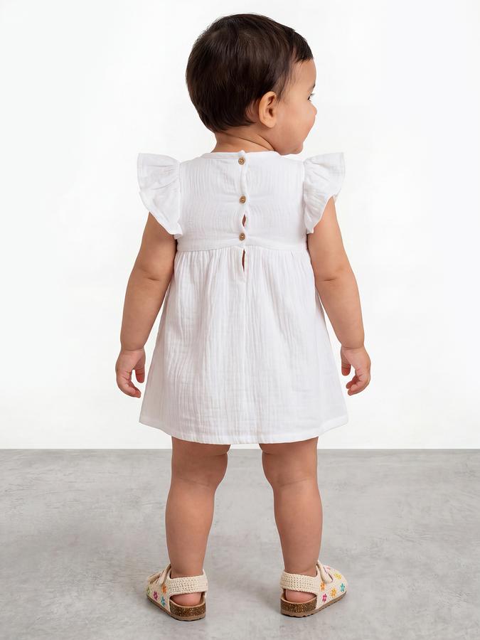 R&B Girl White Embroidery Floral Pure Cotton Flutter Sleeves Fit and Flare Dress