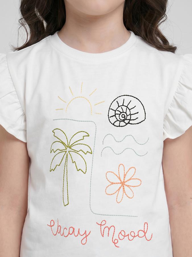 R&B White Graphic Print Girls Round Neck Regular Fit Short Sleeves T-Shirt 