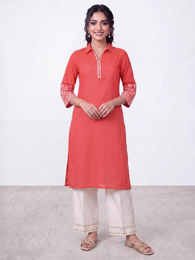 R&B Women Coral Floral Embriodery Shirt Collar Three-Quarter Sleeves Straight Kurta
