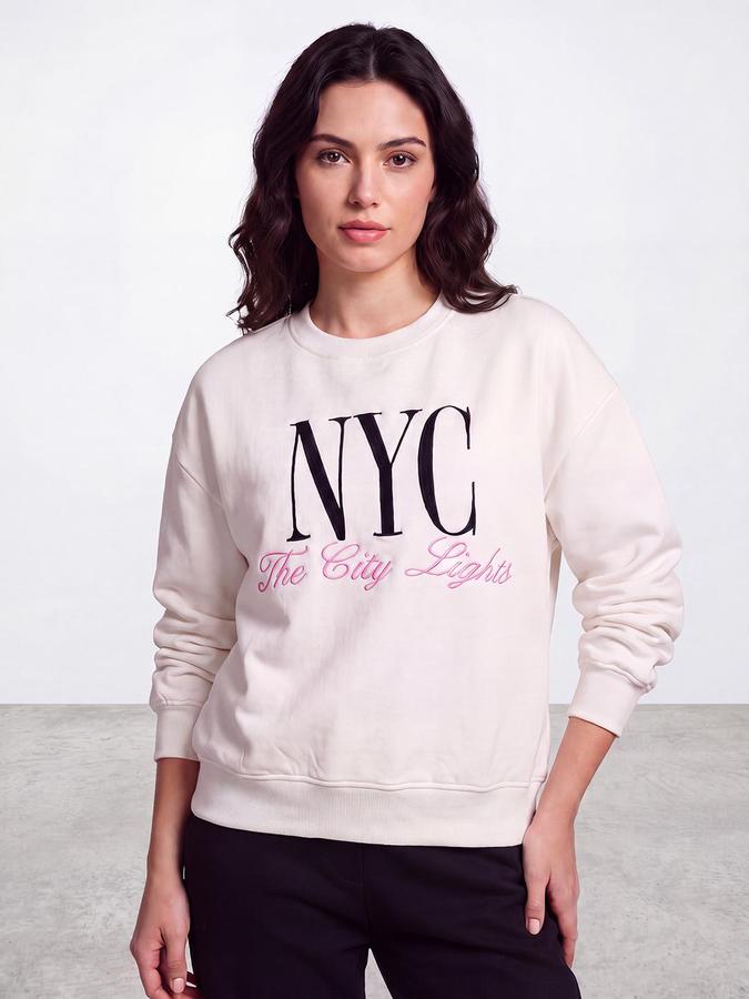 R&B Women Ivory Graphic Print Round Neck Long Sleeves Sweatshirt