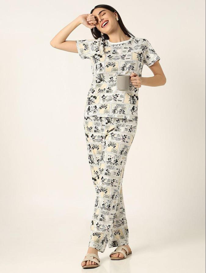 R&B Beige Cartoon Printed Women Night Suit