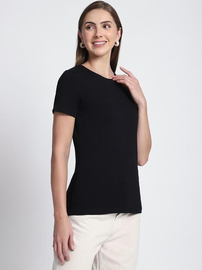 R&B Womens Black Solid Round Neck Short Sleeves T-shirt