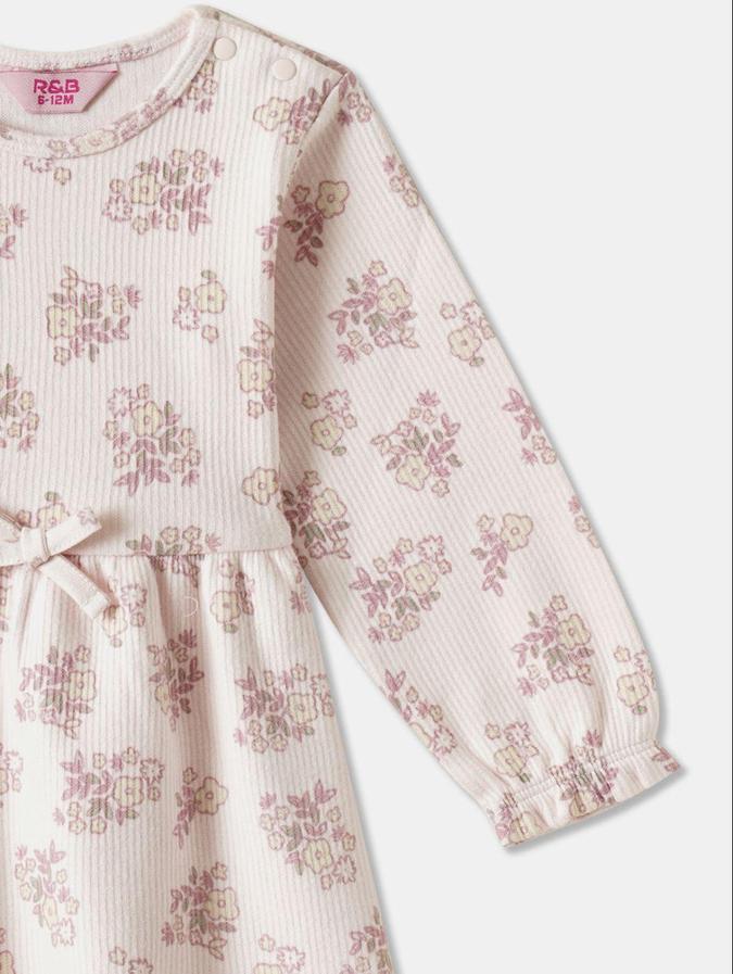 R&B Pink Floral Printed Girls Long Sleeves Dress