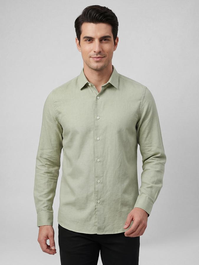 R&B Sage Green Solid Men Spread Collar Long Sleeves Shirt