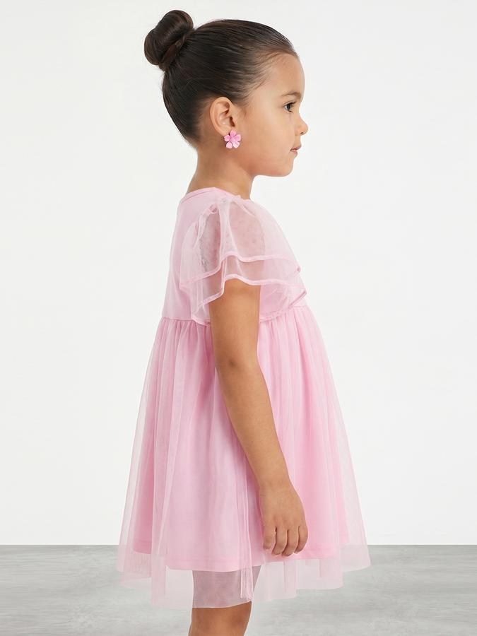 R&B Girl Pink Embroidery Floral Flutter Sleeves A-Line Dress