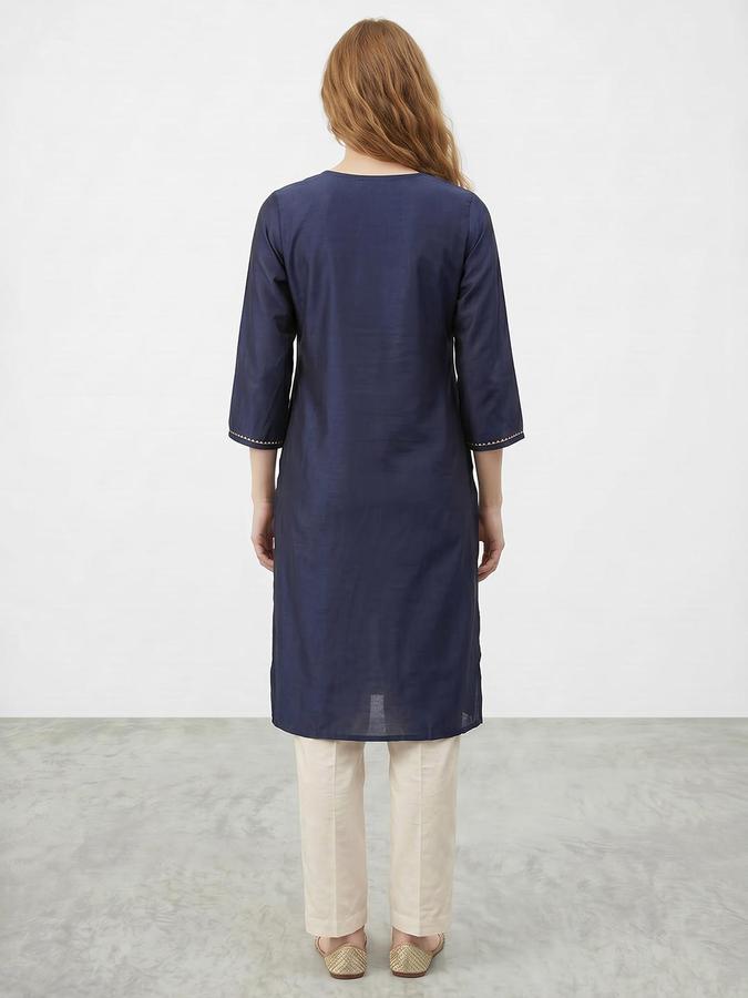 R&B Women Navy Blue Embroidered Round Neck Three-Quarter Sleeves Calf Length Straight Kurta 
