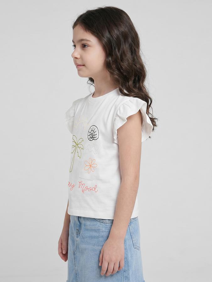 R&B White Graphic Print Girls Round Neck Regular Fit Short Sleeves T-Shirt 