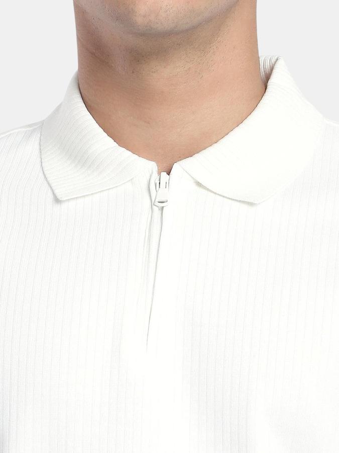 R&B Off White Textured Men Short Sleeve Polo T-shirt