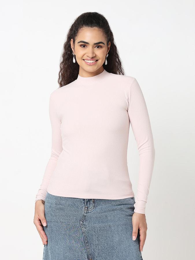 R&B Women Pastel Pink Solid Ribbed Top