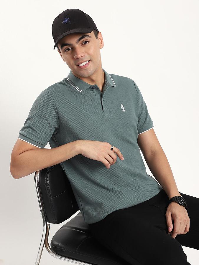 R&B Men Pinegreen Solid Short Sleeves Polo Tshirt