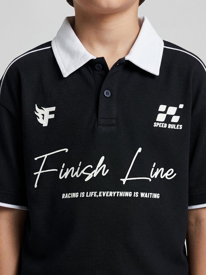 R&B Navy Blue Graphic Print Boys Polo Collar Regular Fit Short Sleeves T-Shirt 