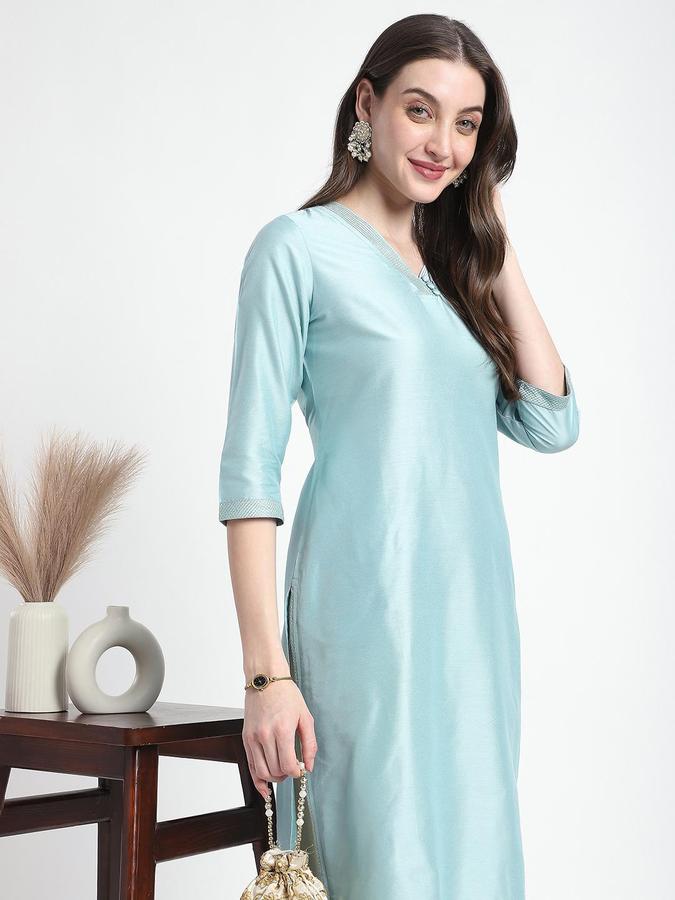 R&B Women Green Solid V-Neck Knee Length Ethnic Kurta